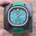Copy Patek Philippe Aquanaut Gem-set Bezel Watch with Green Rubber Strap